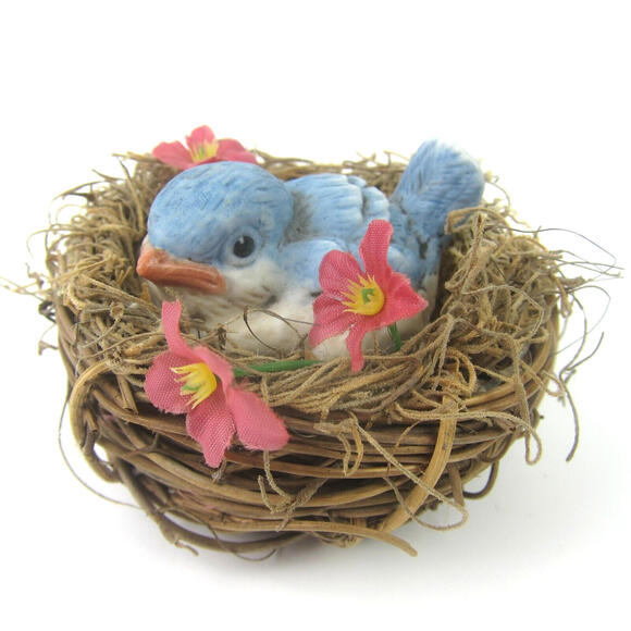 Other - Vintage Ceramic Blue Bird Figurine in Nest Pink Flowers Taiwan R.O.C. 1950s-70s